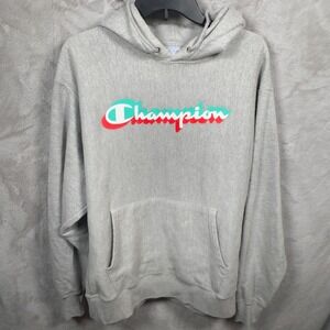 Champion Reverse Weave‎ Mens Grey Hoodie Sweatshirt Large Logo Spellout